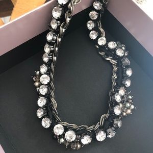 Ann Taylor Black Ribbon Faux Diamond Pearl Cluster Necklace